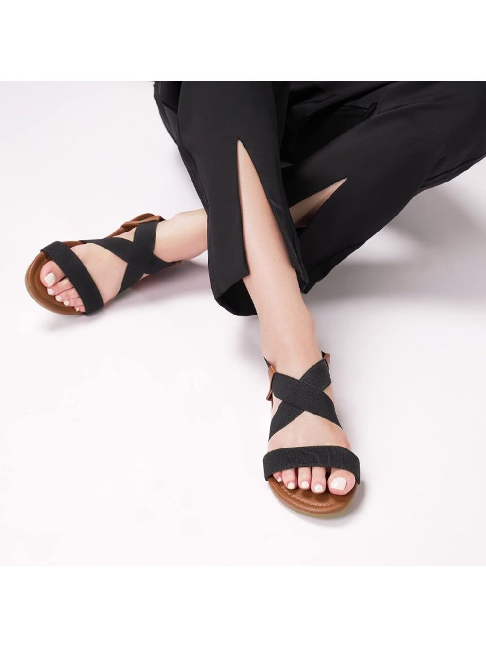 Womens Black Open Toe Ankle Strap Solid Elastic Slip On Casual Flat Sandal Shoes - Picture 6 of 6